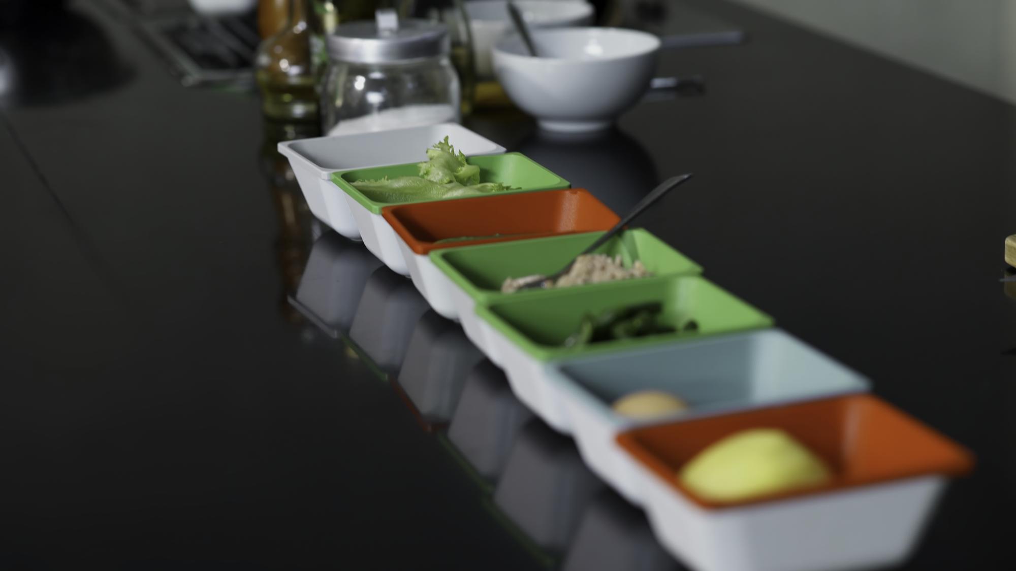 Samples on trays labeled for sensory testing