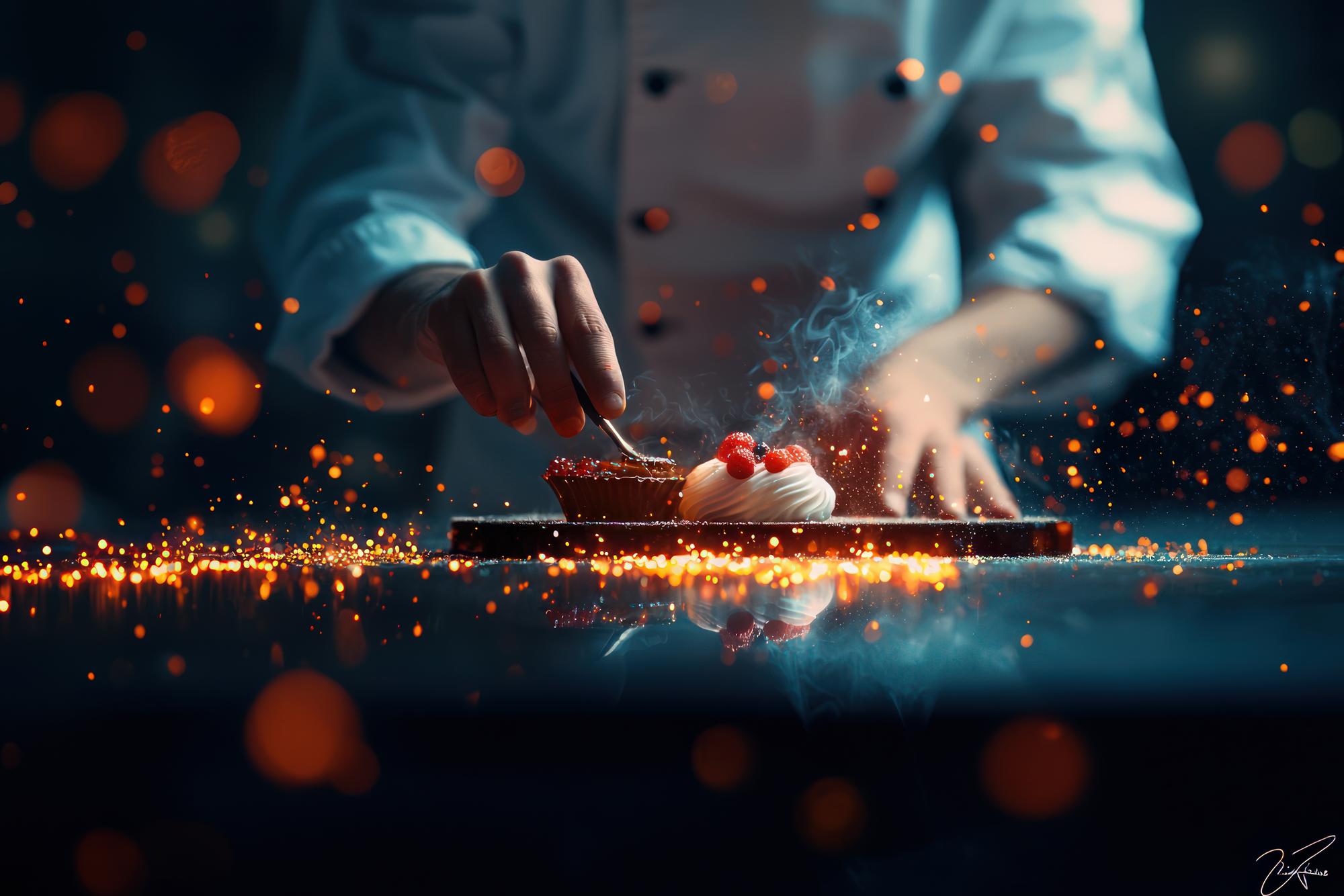 Chef preparing a plated futuristic dish with thin lines decoration